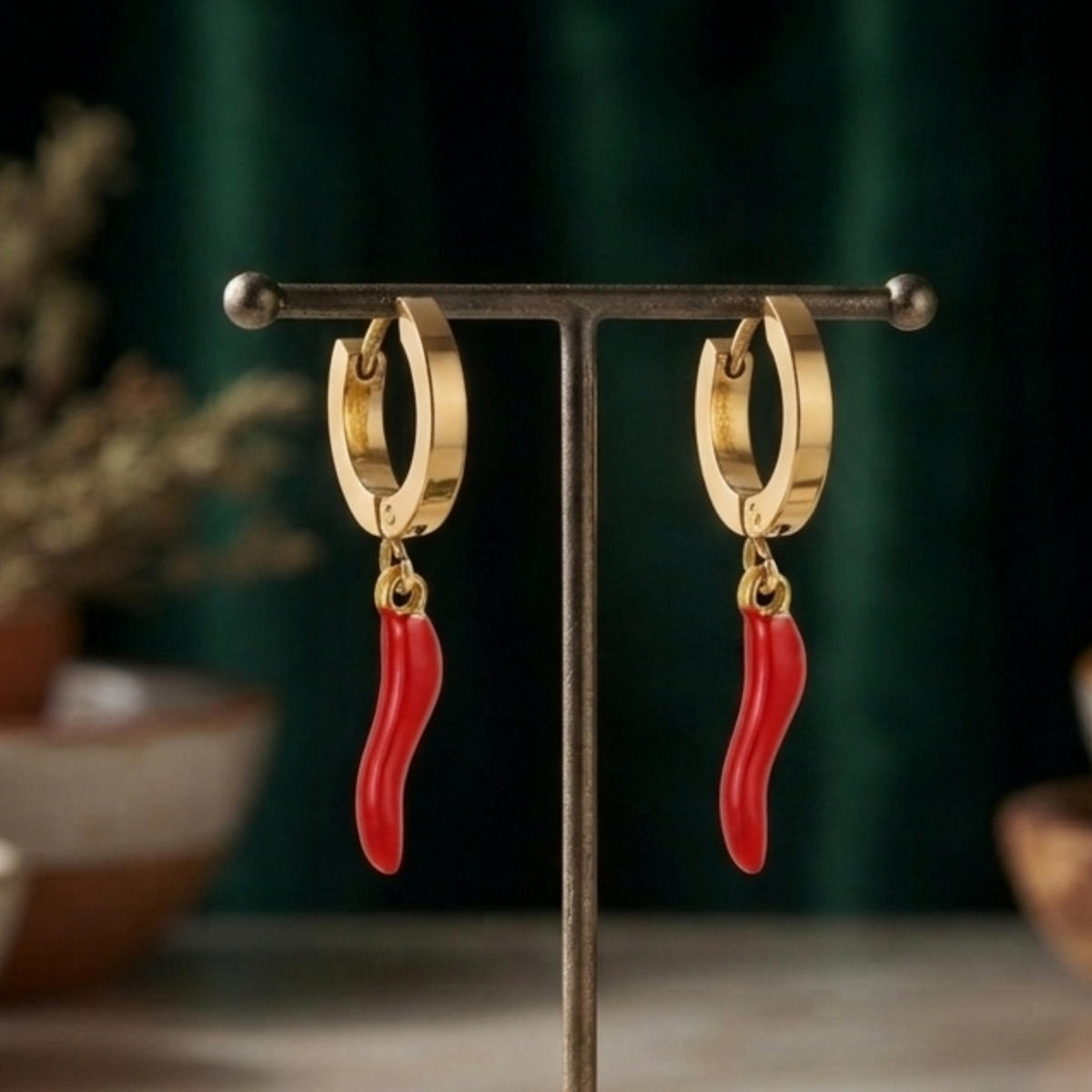 Red Pepper Charm Gold Plated Hoop Earrings