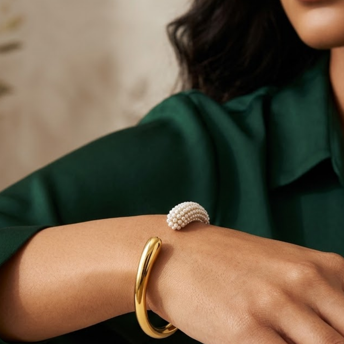 Dewdrop Grace Line Gold Plated Cuff Bracelet